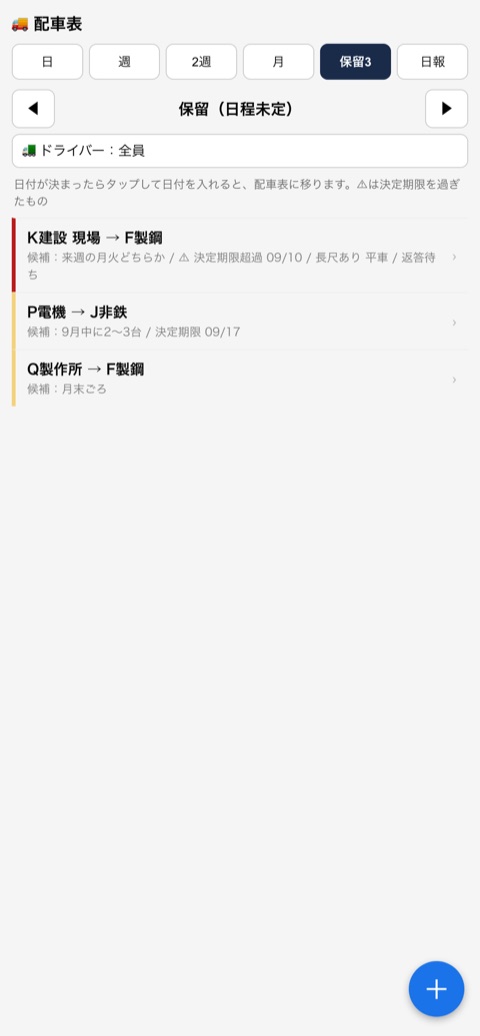 日程が決まっていない依頼をまとめた保留リスト