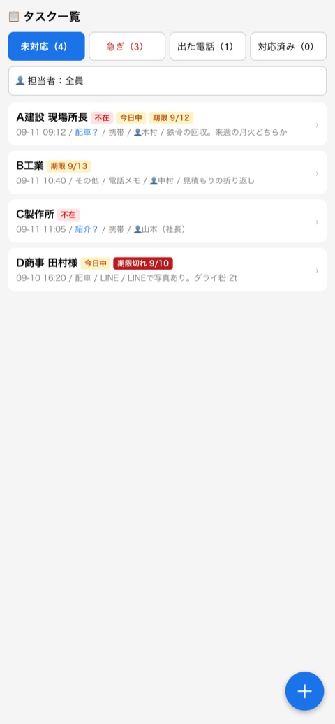 タスク一覧の画面。未対応・急ぎ・出た電話・対応済みで切り替える