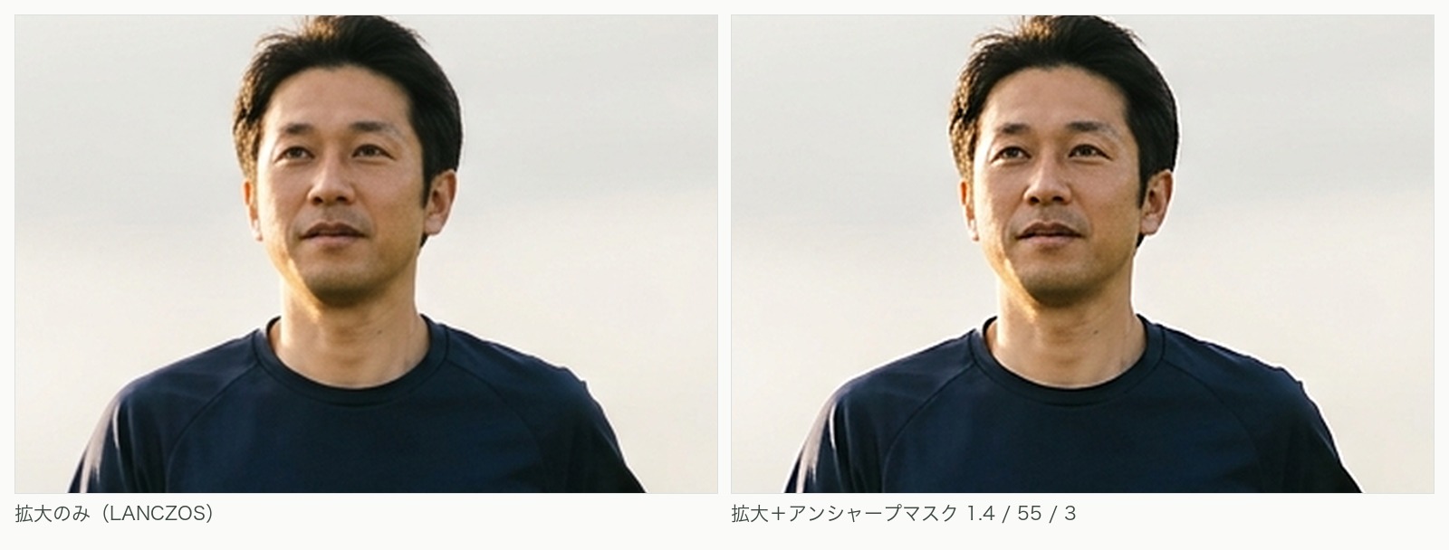 拡大のみと、アンシャープマスクをかけた場合を等倍で並べた比較